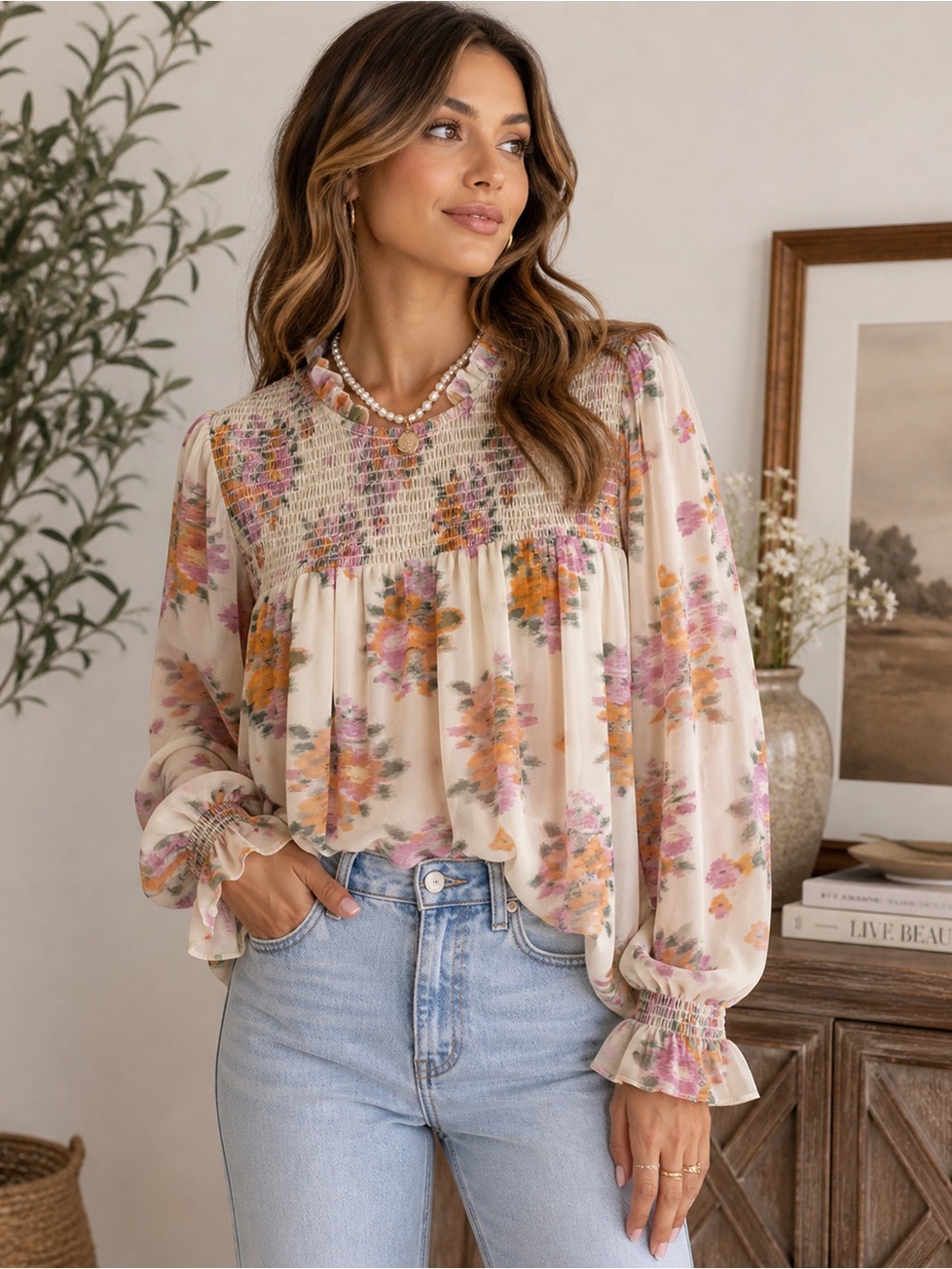 Entro Smocked Floral Boho Blouse | Romantic Cottagecore Top Sz Medium
